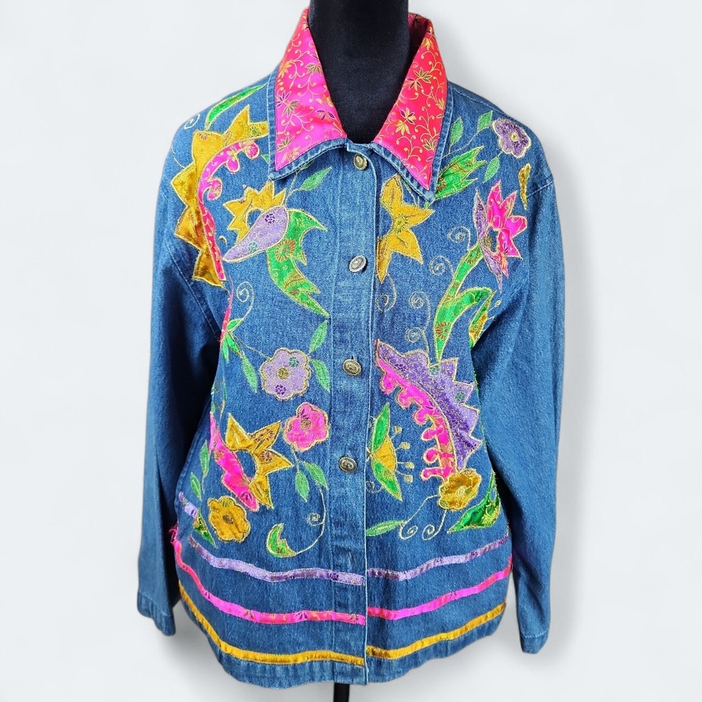 TANTRUMS | Vintage Bright Dopamine Floral‎ Ribbon Embroidered Denim Jacket | L